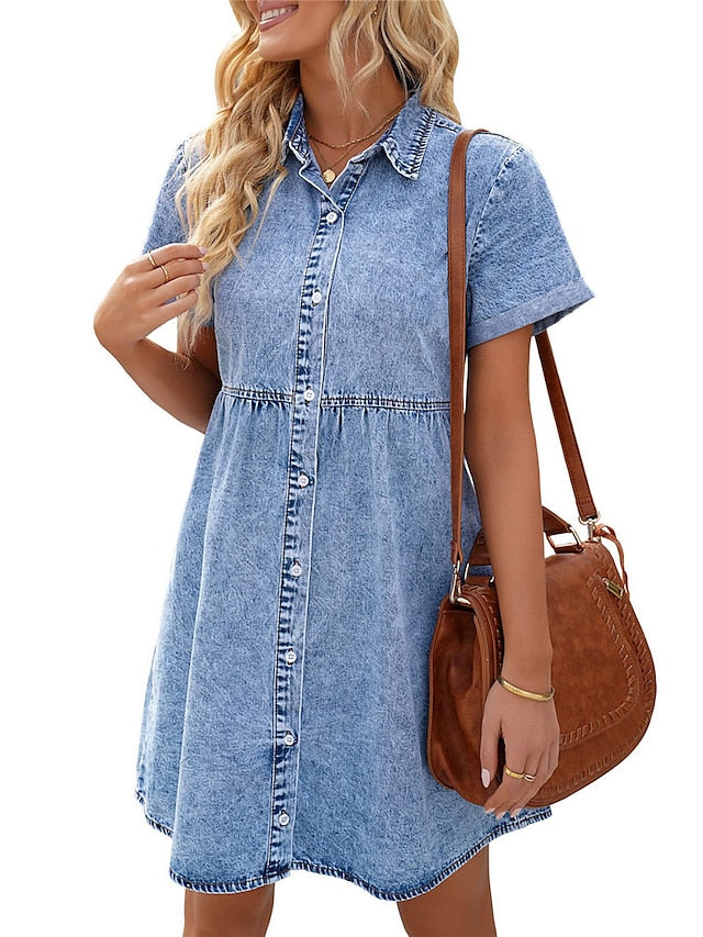 Women's Denim Shift Dress - Casual Mini Shirt Dress with Pockets, Short Sleeve