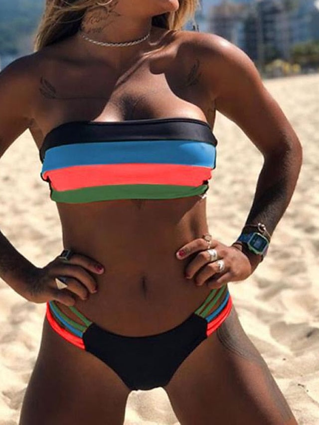 Women's Swimwear Bikini 2 Piece Normal Swimsuit 2 Piece Open Back Bandeau Hole Striped Color Block Green White Black Blue Yellow Bandeau Tube Top Padded Strapless Bathing Suits New Vacation Sexy