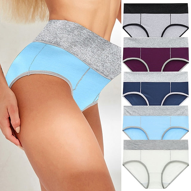 Women's Plus Size Basic Vacation Pure Color Shaping Panty Stretchy High Waist Cotton 5 Pieces Green
