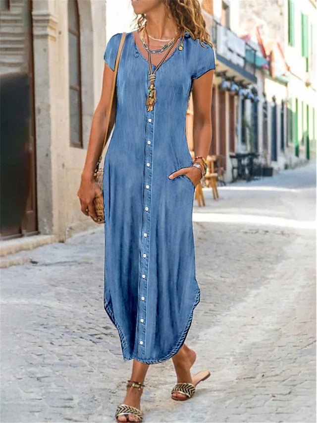 Women's Denim Shift Dress - V-Neck Maxi Shirt Dress with Pockets, Short Sleeve