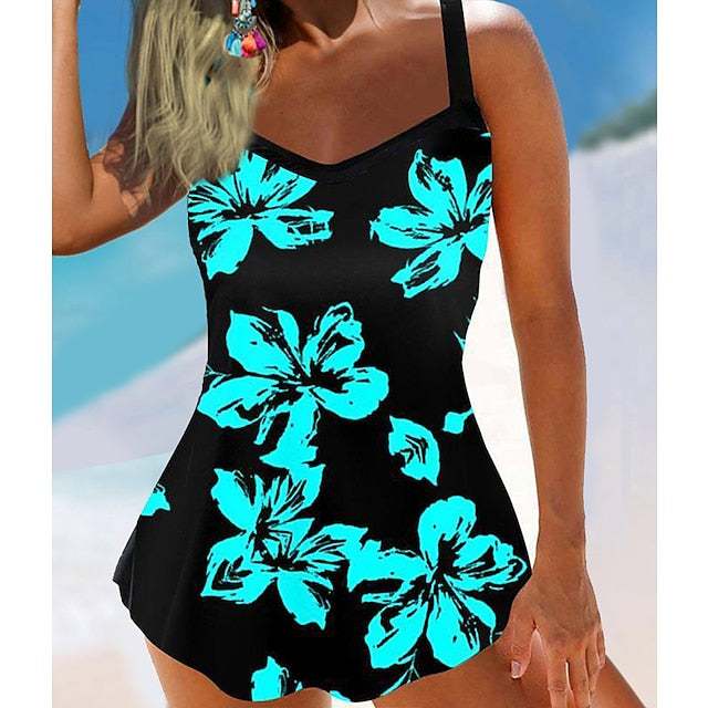 Women's Swimwear Tankini Swim Dress 2 Piece Plus Size Swimsuit 2 Piece Floral White Yellow Blue Tank Top Strap Bathing Suits Sports Summer