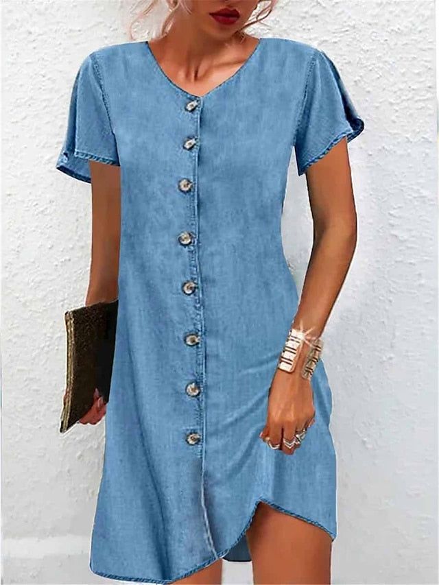 Women's Denim Mini Dress - V-Neck, Short Sleeve, Casual Summer Style