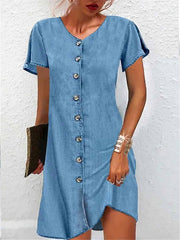Women's Denim Mini Dress - V-Neck, Short Sleeve, Casual Summer Style