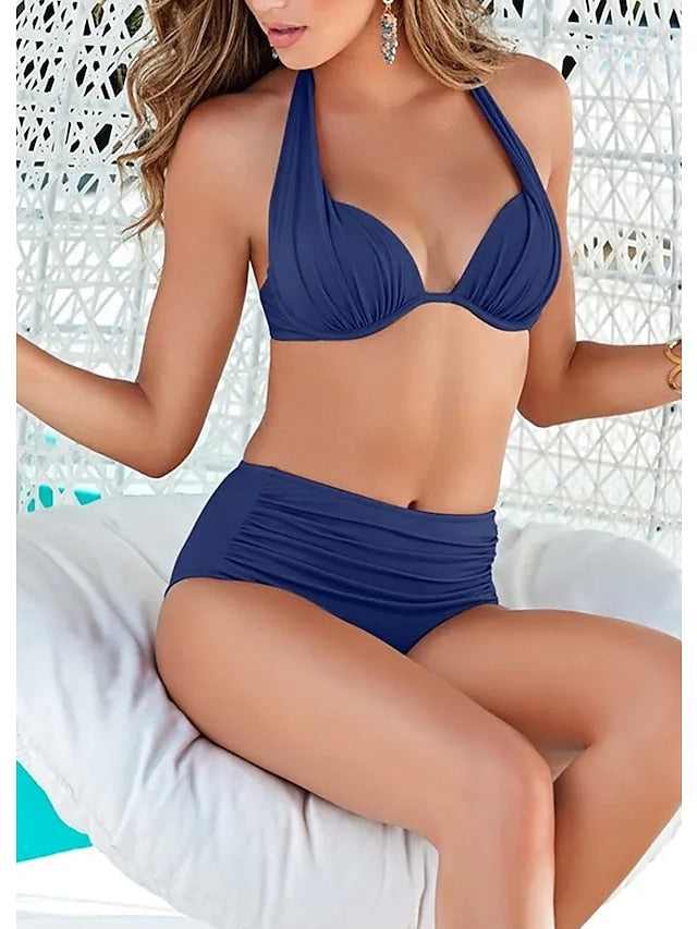 Women's Swimwear Bikini Normal Swimsuit Ruched 2 Piece Solid Color Black Blue Green Bathing Suits Sports Beach Wear Summer