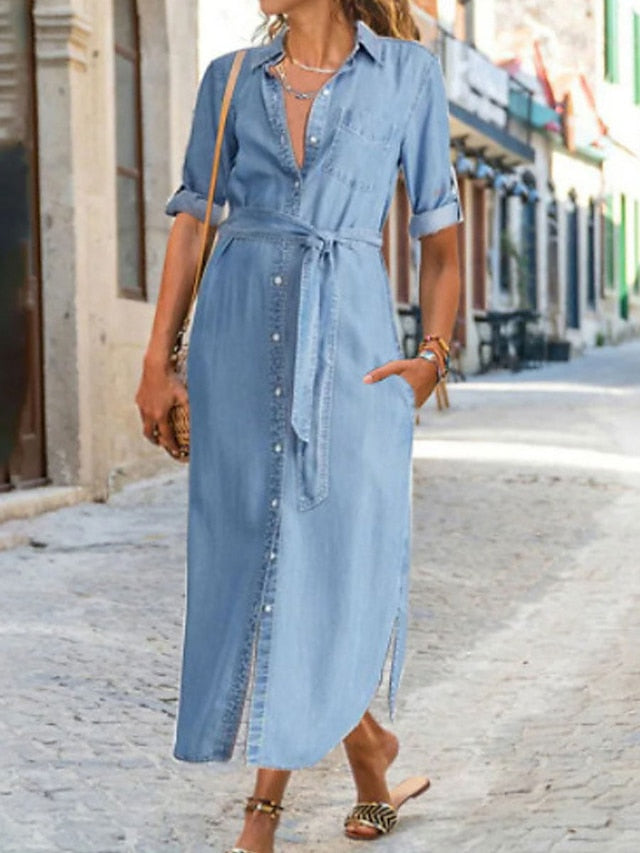 Women's Denim Maxi Shirt Dress - Casual Lace-Up Half Sleeve for Spring/Summer/Fall