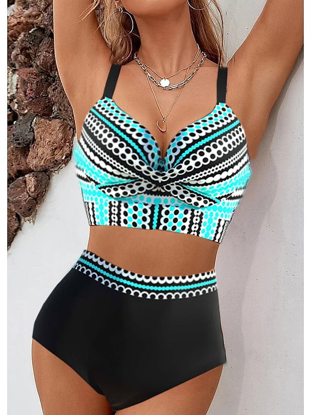 Women's Swimwear Bikini 2 Piece Plus Size Swimsuit Printing High Waisted for Big Busts Geometric Blue Strap Bathing Suits New Vacation Sexy