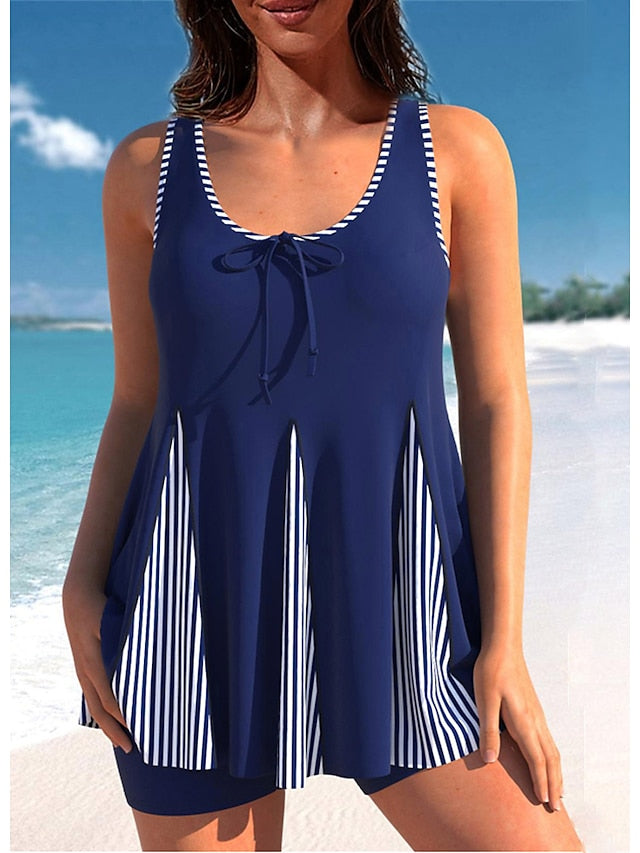 Women's Swimwear Tankini 2 Piece Plus Size Swimsuit 2 Piece Striped Leaves Black Blue Green Tank Top Bathing Suits Sports Summer