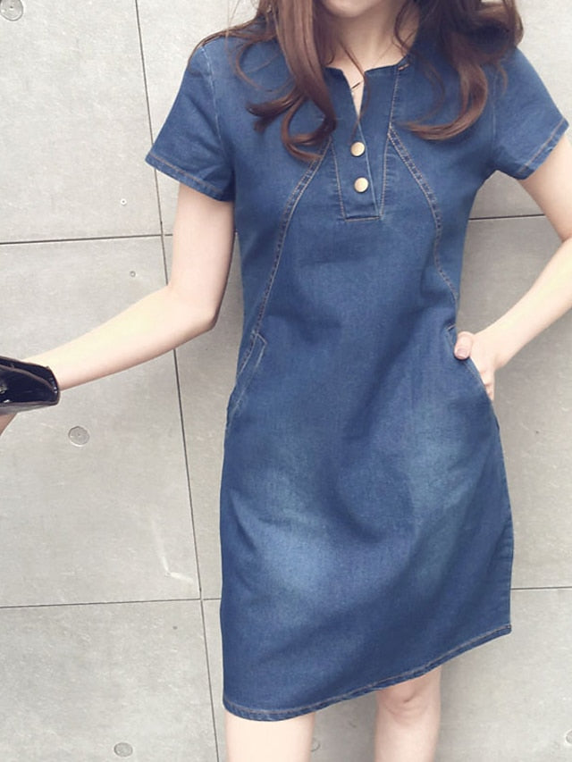 Women's Blue Denim Shift Dress - V-Neck, Short Sleeve, Mini, Button Detail