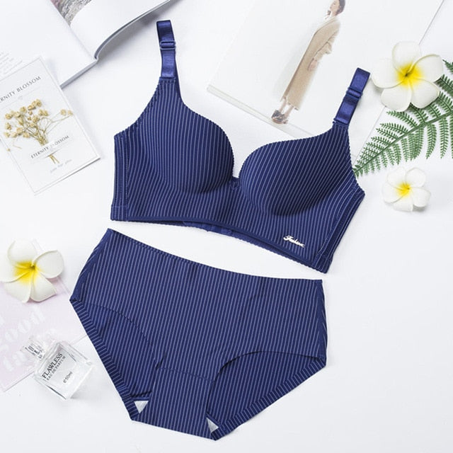 High End Brand Romantic Temptation Bra Set Women Striped Underwear Push Up Seamless Lingerie Female Sets 90C