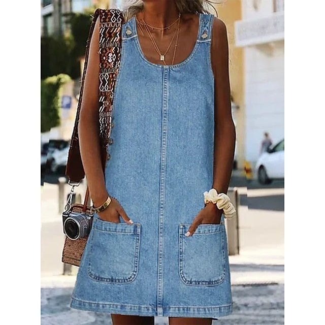 Women's Denim Pinafore Mini Dress - Sleeveless U-Neck Casual Summer Shift Dress