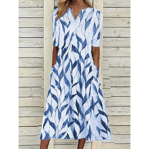 Women's Casual Dress Shift Dress Midi Dress White Blue Half Sleeve Leaf Print Summer Spring V Neck Classic Vacation Print Dresses