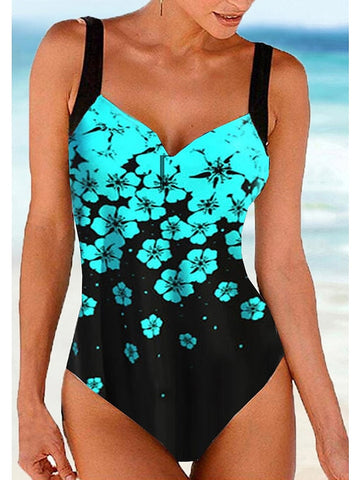 Women's Swimwear One Piece Monokini Bathing Suits Normal Swimsuit High Waisted Floral Print Green Blue Fuchsia Navy Blue Padded V Wire Bathing Suits Sports Vacation Sexy / Strap / New / Strap