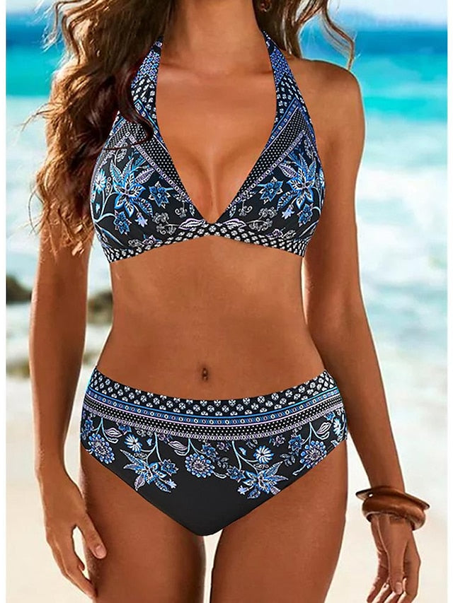 Women's Swimwear Bikini Normal Swimsuit 2 Piece Printing Floral Geometic Black Pink Blue Sky Blue Bathing Suits Sports Beach Wear Summer