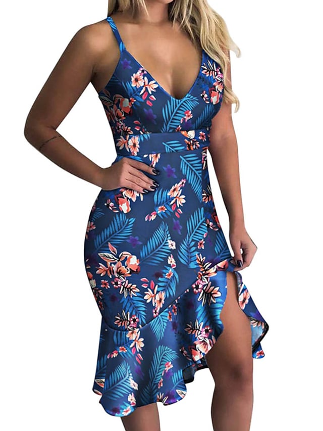 Women's Floral Ruffle V Neck Stylish Sleeveless Slim Split Dress