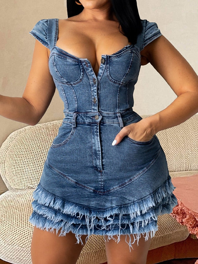 Women's Denim Bodycon Mini Dress with Pockets - Short Sleeve Boat Neck