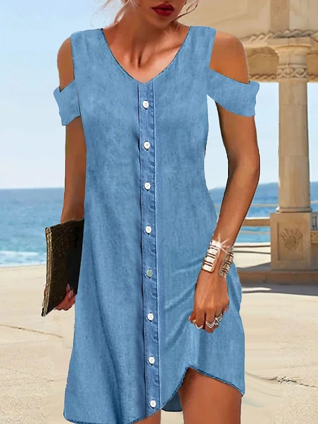 Women's Denim Shirt Dress - V-Neck, Short Sleeve, Hollow Out Mini Dress for Summer