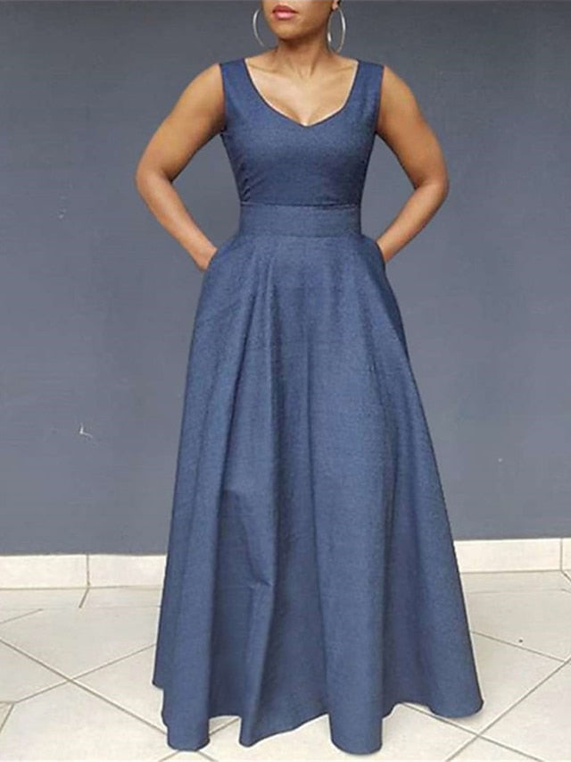 Sleeveless Women's Maxi Denim Dress with Pockets for Summer