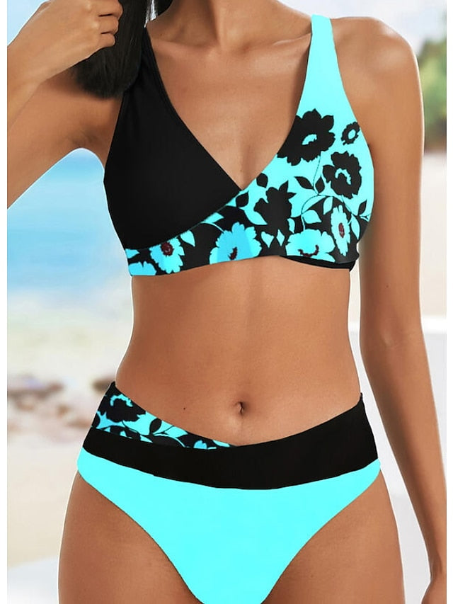 Women's Swimwear Bikini 2 Piece Normal Swimsuit High Waisted Color Block Floral Print Green Blue Yellow Rosy Pink Royal Blue Padded V Wire Bathing Suits Sports Vacation Sexy / New