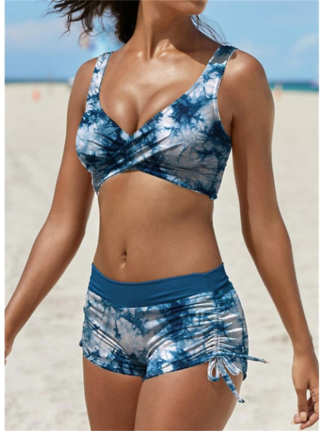 Women's Swimwear Bikini 2 Piece Plus Size Swimsuit Ruched Backless 2 Piece Open Back Slim Tie Dye Camo Blue Wine Army Green Black Padded V Wire Bathing Suits New Vacation Fashion / Sexy / Colorful