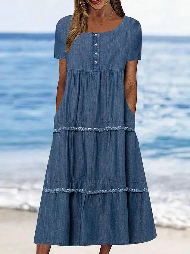 Women's Casual Denim Midi Dress with Ruffle Sleeves and Button Detail