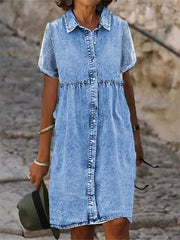 Women's Denim Midi Shirt Dress - Casual Short Sleeve Summer Fashion