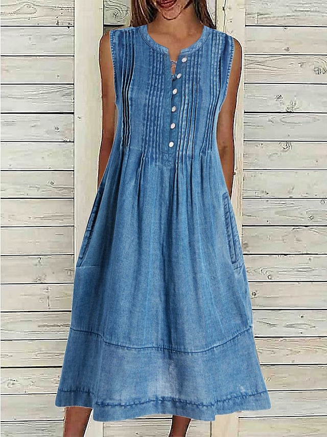 Women's Sleeveless Denim Midi Dress with Pockets - Casual Crew Neck Summer Dress