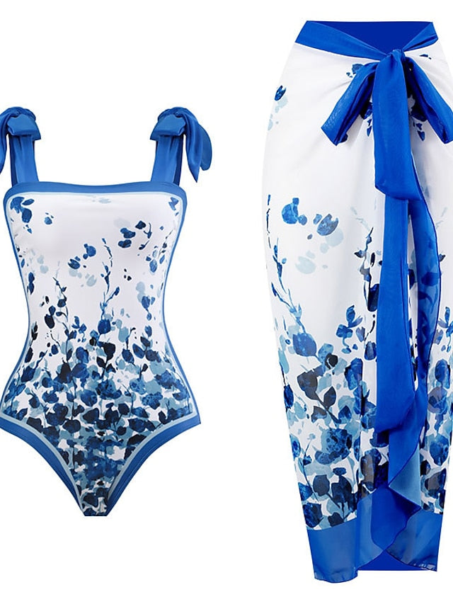 Women's Swimwear One Piece 2 Piece Normal Swimsuit Printing Floral Black Navy Blue Blue Bodysuit Bathing Suits Elegant Beach Wear Summer