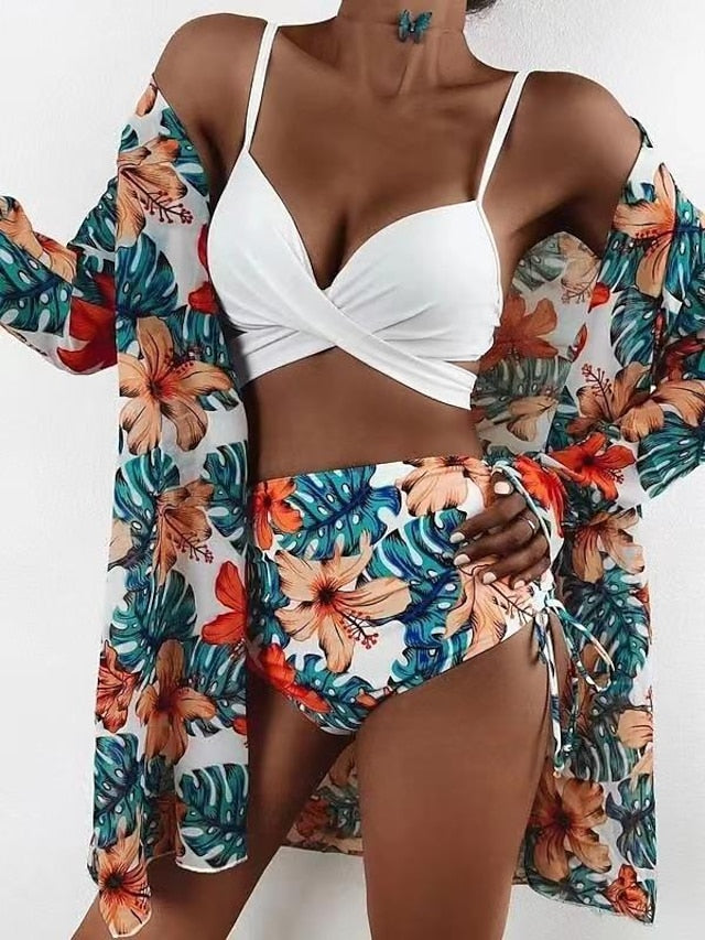 Women's Swimwear Bikini Normal Swimsuit 3-Piece Printing High Waisted Floral Red Royal Blue Blue Dark Green Green Bathing Suits Sports Beach Wear Summer