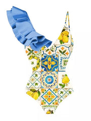 Women's Tankini Monokini Bathing Suit 2-Piece Ruffle Floral Print Padded Strap Pink Blue Retro