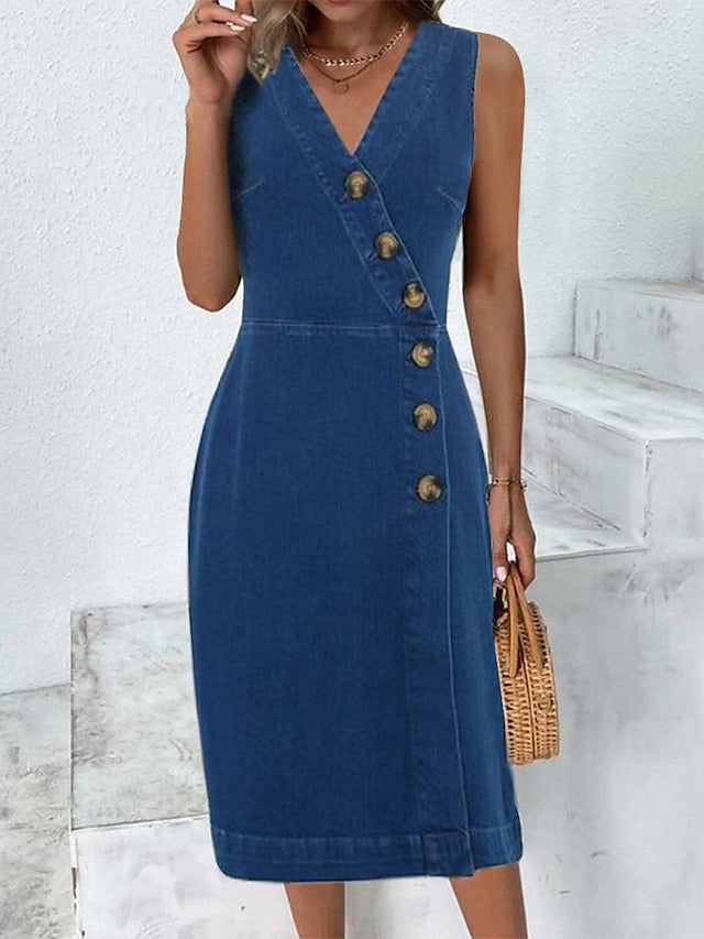 Women's Sleeveless Denim Midi Dress - V-Neck Bodycon for Office & Daily Wear