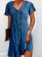 Women's Denim Mini Dress - Casual V-Neck with Buttons, Short Sleeve for Spring/Summer