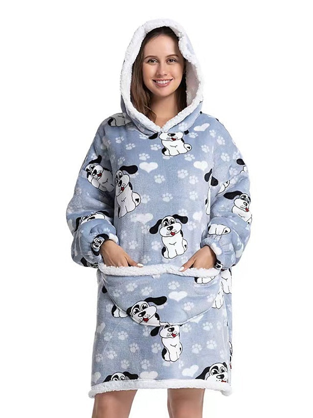 Women‘s Couple‘s Pajamas Nightgown Wearable Blanket Winter Hoodie Blanket Animal Dog Comfort Oversized Plush Home FallVacation Flannel