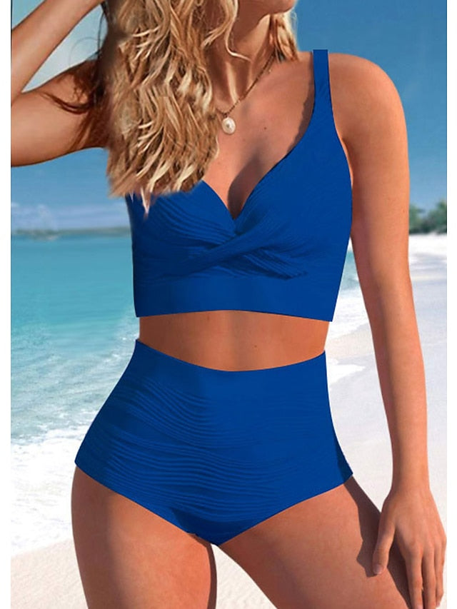 Women's Swimwear Bikini Normal Swimsuit 2 Piece High Waisted Solid Color Black Blue Purple Orange Green Bathing Suits Sports Beach Wear Summer