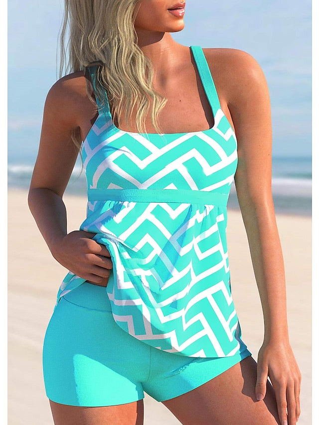 Women's Swimwear Tankini 2 Piece Normal Swimsuit 2 Piece Printing Lines / Waves Blue Orange Tank Top Bathing Suits Sports Beach Wear Summer