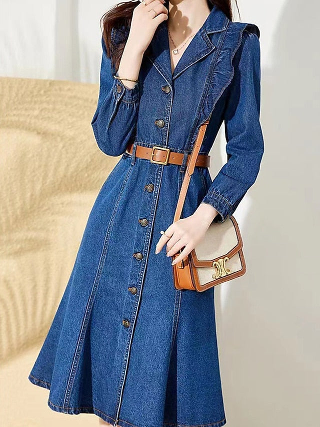 Women's Denim Midi Shirt Dress - Elegant Long Sleeve Ruffle Button for Office & Casual