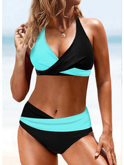Women's Swimwear Bikini Plus Size Swimsuit Halter 2 Piece Color Block White Yellow Blue Bandeau Bathing Suits Sports Summer