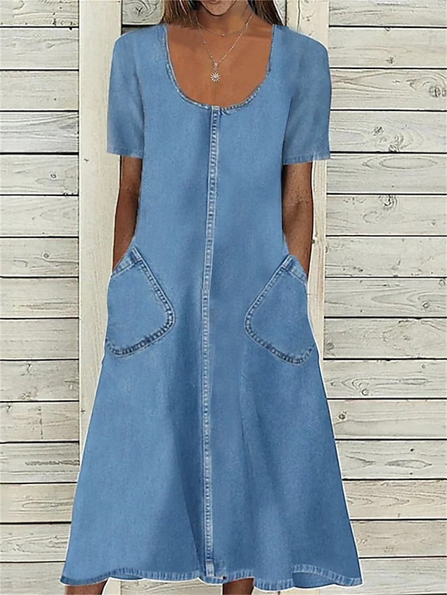 Women's Denim Midi Dress with Lace Pocket - U Neck, Short Sleeve for Summer