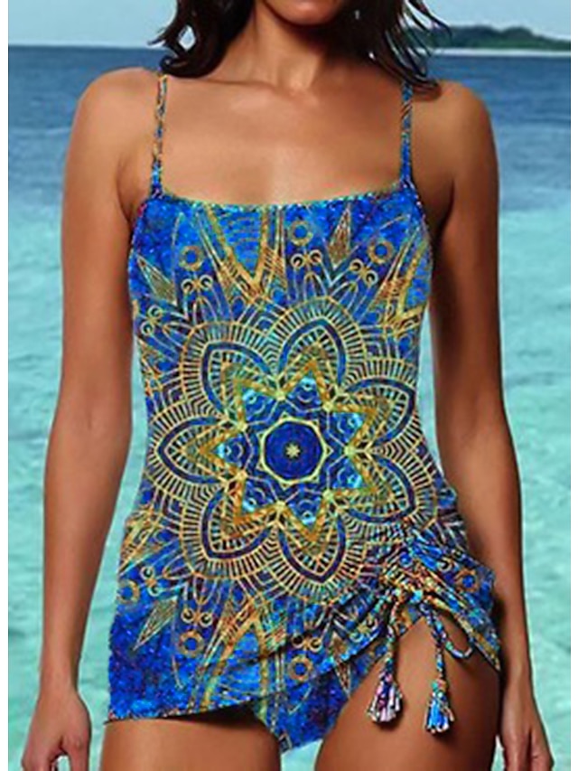 Women's Swimwear Tankini 2 Piece Normal Swimsuit Open Back Printing Flower Blue Camisole Strap Bathing Suits New Vacation Fashion / Modern / Padded Bras