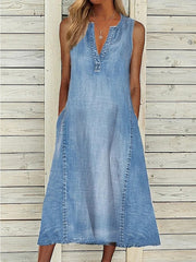 Women's Maxi Denim Dress - Sleeveless Shift with Pockets for Summer