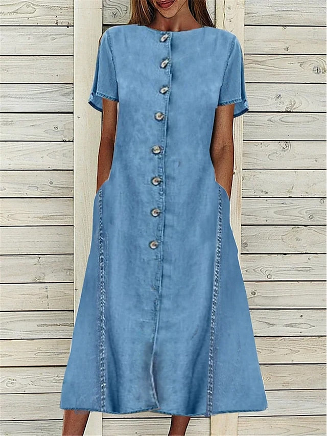 Women's Casual Denim Midi Dress with Pockets - Crew Neck, Short Sleeve