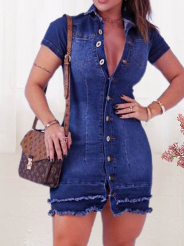 Women's Denim Mini Dress - Casual Sheath with Raw Edge, Short Sleeve for Summer