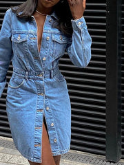 Women's Denim Midi Shirt Dress with Pockets - Long Sleeve A-Line for All Seasons