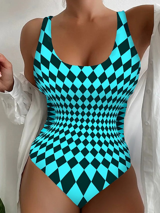 Women's Swimwear One Piece Normal Swimsuit Printing Geometic White Pink Blue Bodysuit Bathing Suits Sports Beach Wear Summer