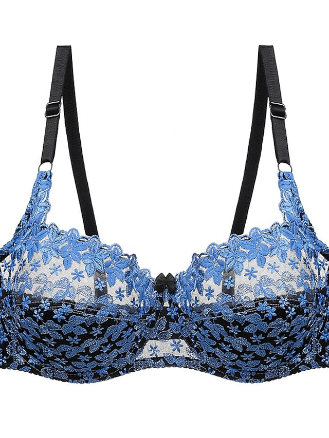 Women's Lace Bras Underwire Bras Fixed Straps Adjustable Full Coverage V Neck Breathable Push Up Pure Color Flower , Floral Hook & Eye Date Casual Daily Nylon Sexy 1PC White Blue , Bras & Bralettes