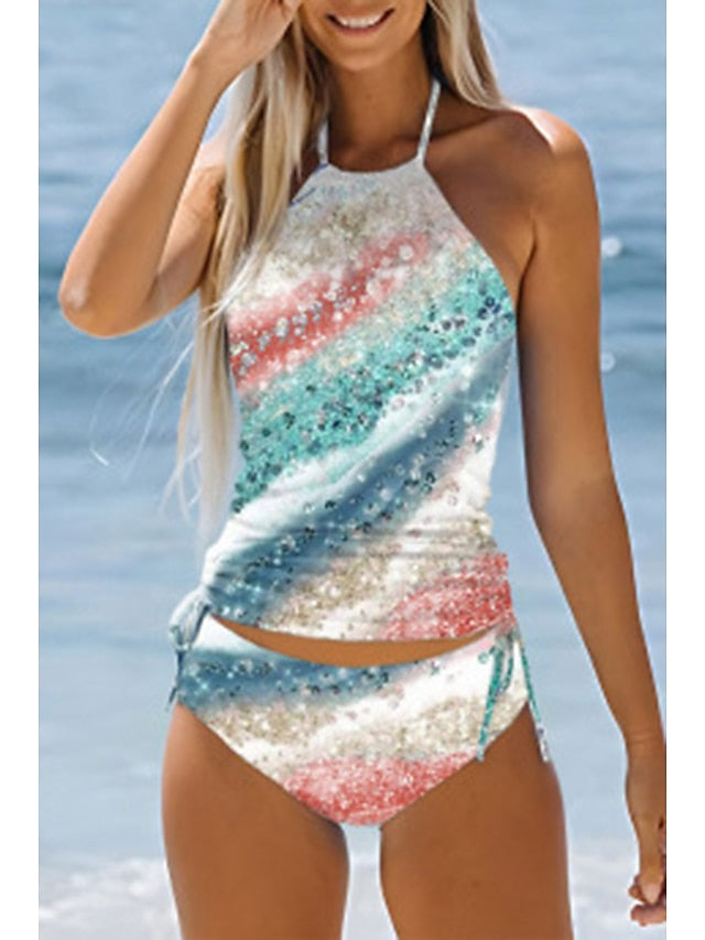 Women's Swimwear Tankini 2 Piece Normal Swimsuit 2 Piece Printing Leopard Tie Dye Black White Red Blue Bathing Suits Sports Beach Wear Summer