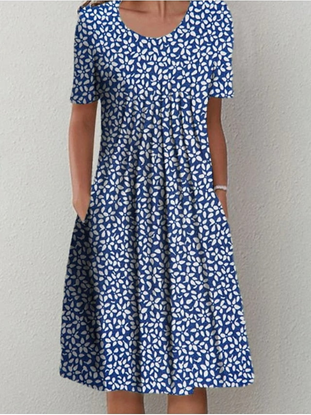 Women's Casual Dress Midi Dress Blue Short Sleeve Floral Ruched Spring Summer Crew Neck Basic Print Dresses