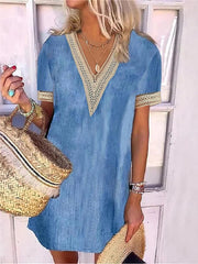 Women's V-Neck Denim Mini Dress - Casual Short Sleeve Summer Fashion