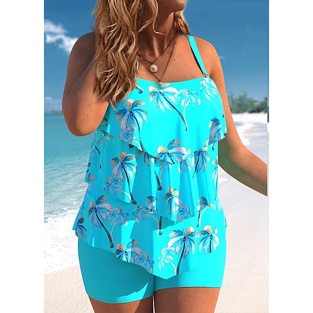 Women's Swimwear Tankini 2 Piece Plus Size Swimsuit Printing Floral Blue Tank Top High Neck Bathing Suits Sports Summer
