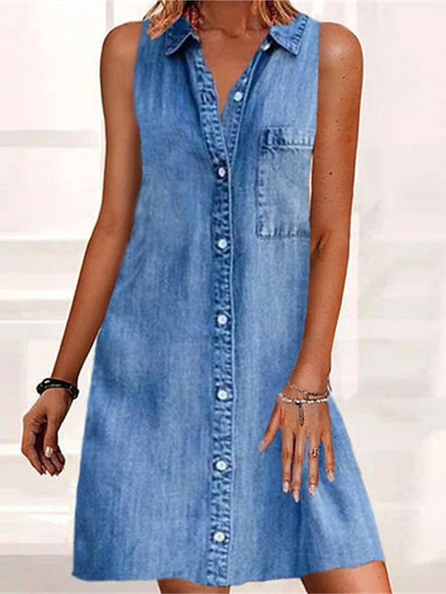 Women's Sleeveless Denim Shirt Dress - Casual Mini Dress with Pockets for Summer