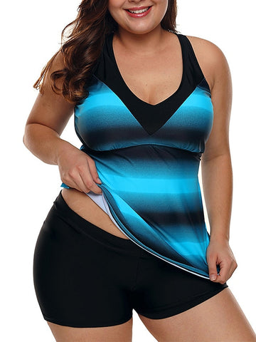 Women's Swimwear Tankini 2 Piece Plus Size Swimsuit Push Up for Big Busts Striped Green Blue Purple Padded Scoop Neck Bathing Suits Sports Basic Vacation / New / Padded Bras